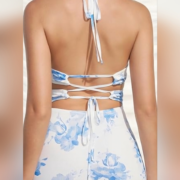 Blue Floral Halter Backless Maxi Dress with Side Cutouts | NWT | Size 10 - Picture 7 of 7